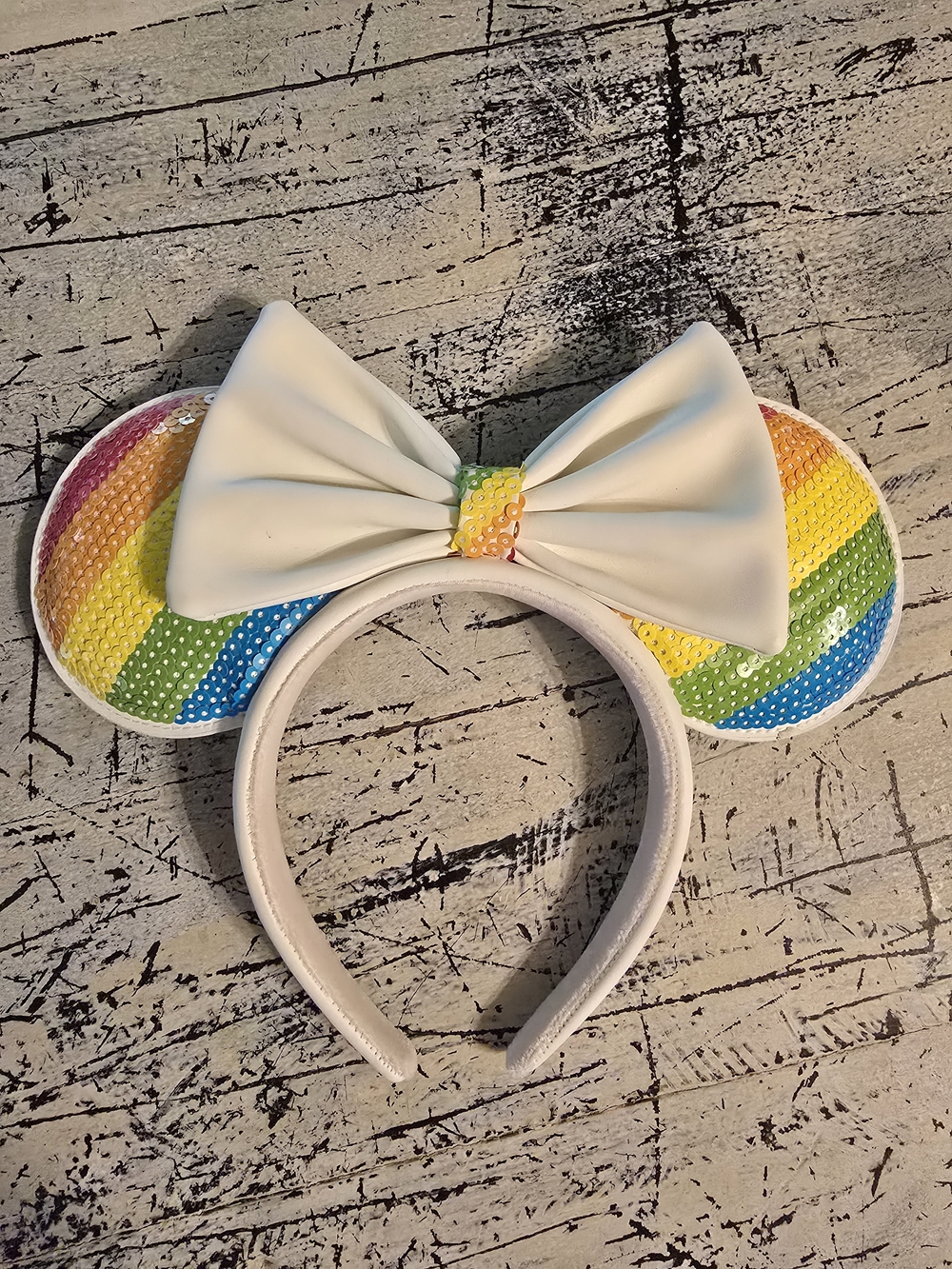 Loungefly White Bow Rainbow Sequin Mouse Ears Headband